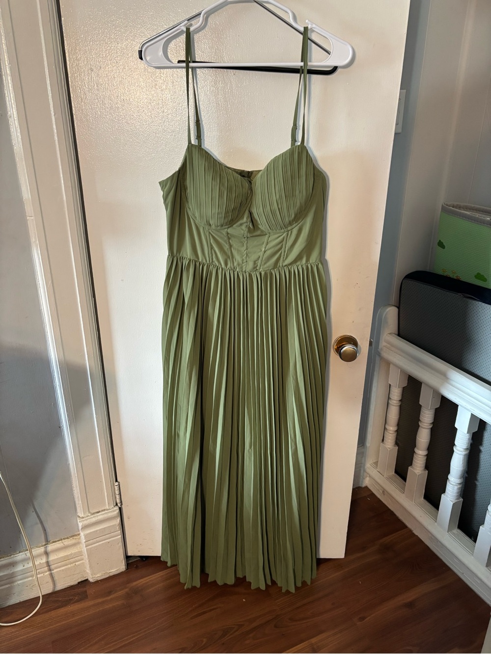 Pleated Olive Green Maxi Dress with Spaghetti Straps